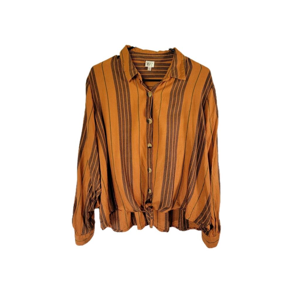 KIT Blouse Womens XL Orange Tie Waist Roll-Tab Hippie Boho Casual